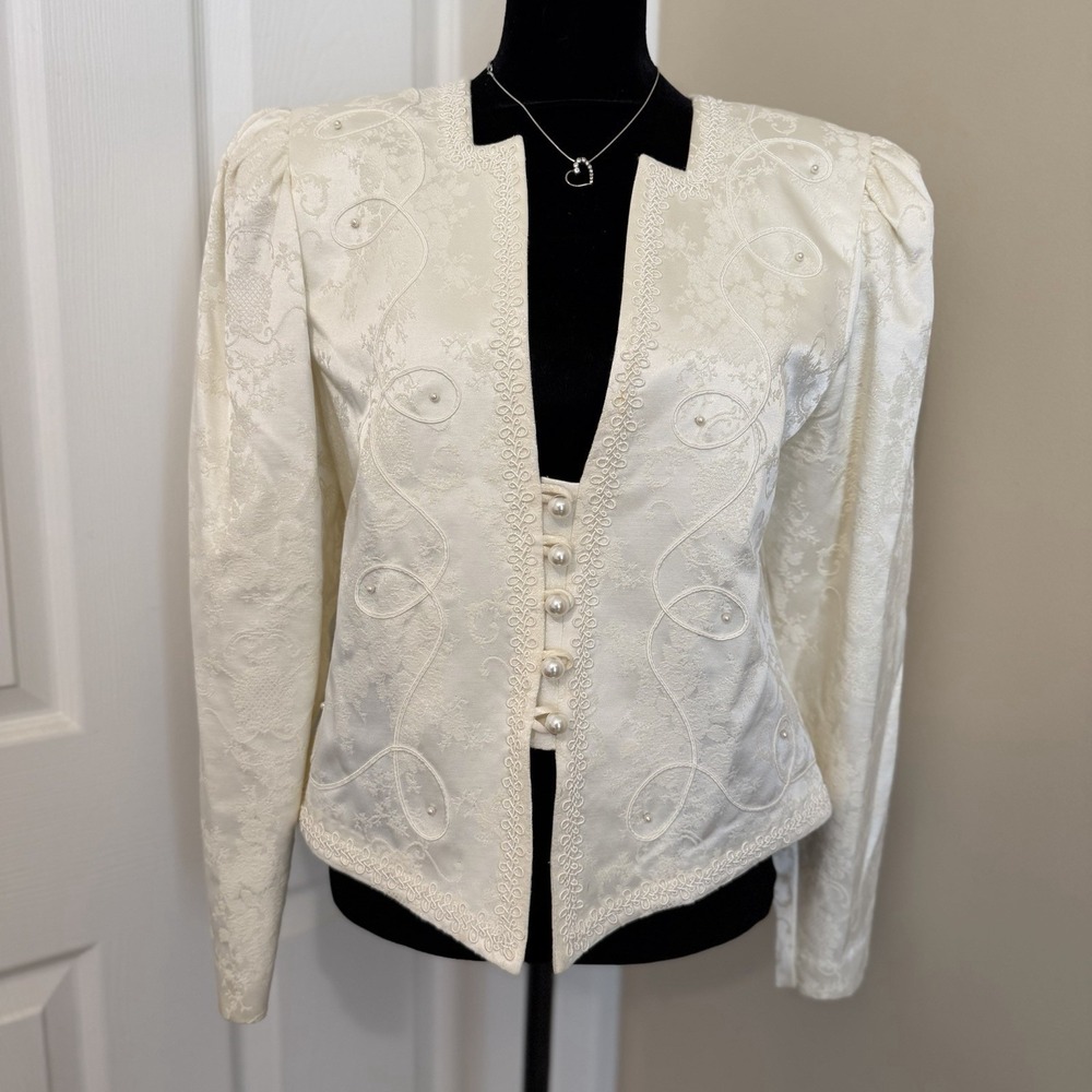 VTG Nah Nah Blazer Womens Pearl Floral Embossed Fabric Ivory Boho Victorian 80s